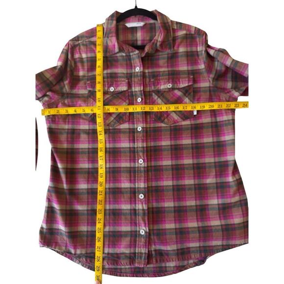 STIO Womens Plaid Long Sleeve Organic Cotton Flannel Button-up Shirt Pink Tan XL - Picture 5 of 6